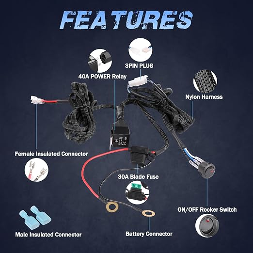Wiring Harness 1 Lead, Fastchoy Auto 12v Nylon Led Light Bar Wiring Harness Kit with 40A Relay Fuse Rocker Switch for Light Bar Fog Lights Off Road Lights Wire Harness Kit for Truck UTV Boat