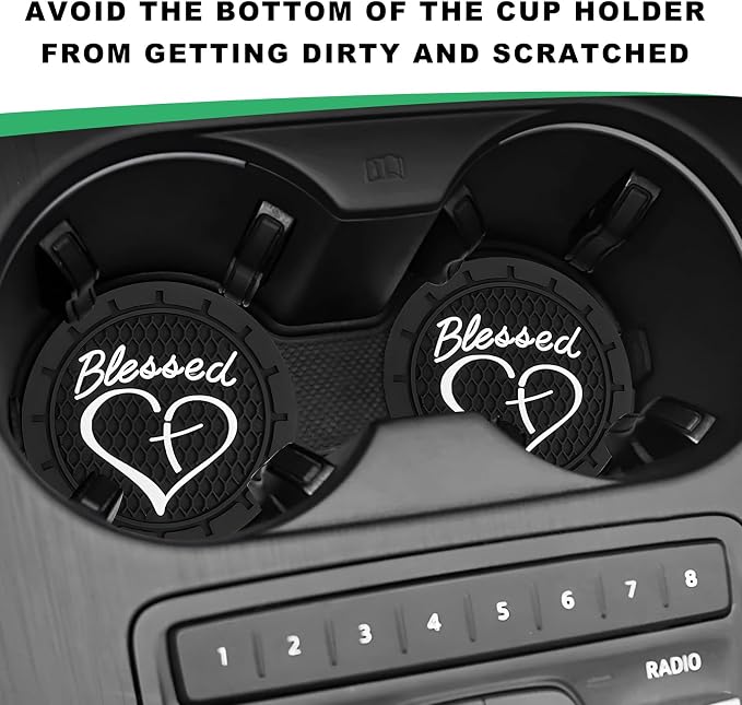 2 PCS Car Cup Holder Coaster, 2.76 Inch Non-Slip Auto Drink Mats with Blessed Cross and Heart, Shockproof Christian Cup Insert Coaster for Most Vehicles, Car Accessories (Black)