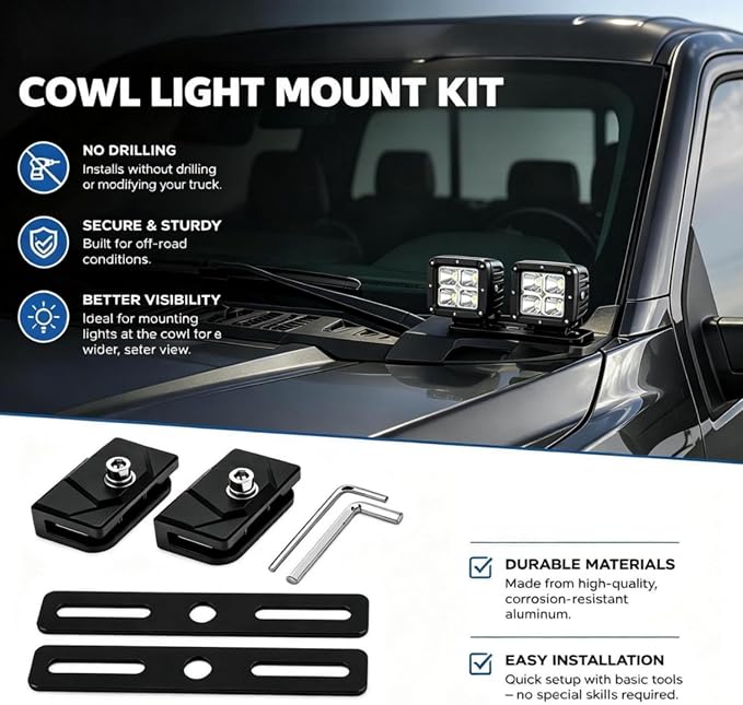 Hood Light Mount Brackets A Pillar Ditch Light Brackets with Extensions | Clamp-On Ditch Light Brackets + Extensions for Hood Mount | No-Drill Universal, Holds Lights, Antenna & Camera