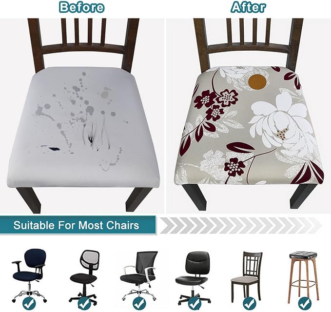 SearchI Seat Covers for Dining Room Chairs Stretch Printed Chair Seat Covers Set of 4, Removable Washable Upholstered Chair Seat Protector Cushion Slipcovers for Kitchen, Office(Flowers Pattern10)