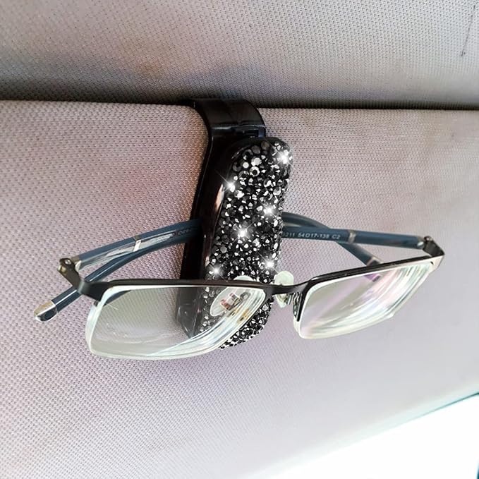 Moly Magnolia Bling Car Glasses Holder, 2PCS Handcrafted Crystal Rhinestones Fashion Car Sunglasses Mount with Card Clip for All Sun Visors, Auto Interior Accessories for Women Girl (Black)