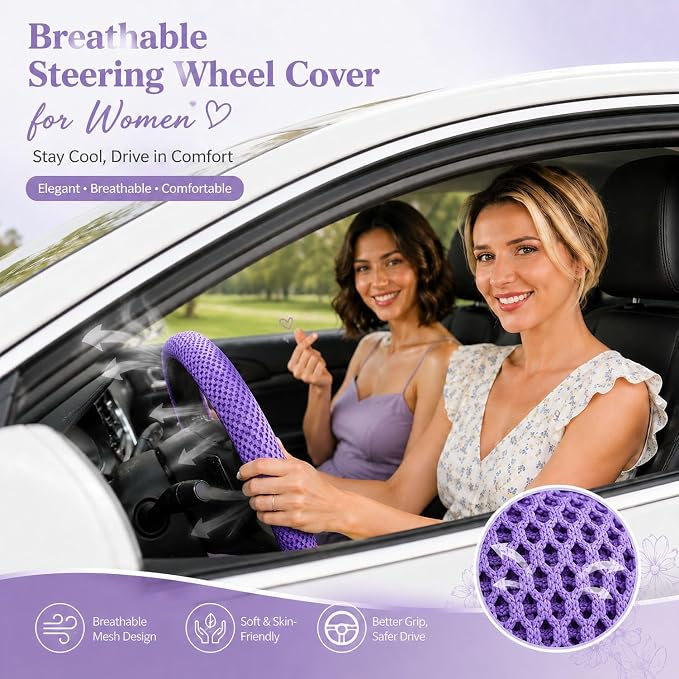 Mesh Ice Silk Cooling Car Steering Wheel Cover for Men Women,Summer Universal Breathable Stretch Anti-Slip Wheel Cover 14.5-15" for Cars, Trucks, Pickups, SUVs (Light Purple)