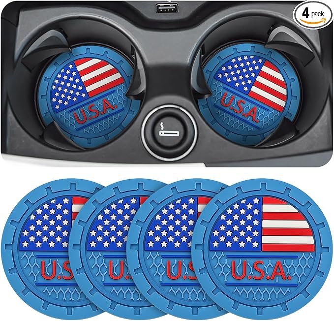 AUCELI 4 Pack Car Cup Holder Coasters, Colored American Flag US Flag Insert Car Cup Coaster, 2.75 Inch Anti Slip Shockproof Embedded Drink Mat, Vehicle Interior Decor Accessories