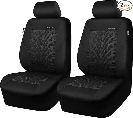 CAR PASS Car Seat Covers Two Front Only for Car, 3D Tyre Print Automotive Interior Covers, Airbag Compatible, Quick Setup Universal Fit Seat Covers for Car, Truck, SUV(Black)