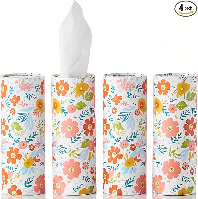 Car Tissue Holder Cylinder - 4 Pack, 50 3-Ply Tissues per Cylinder, Fits Car Cup Holders, Portable, Floral Design, Round Tissue Box for Car