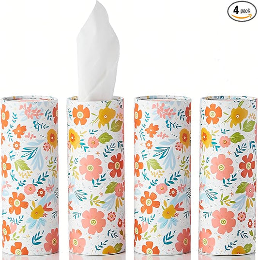 Car Tissue Holder Cylinder - 4 Pack, 50 3-Ply Tissues per Cylinder, Fits Car Cup Holders, Portable, Floral Design, Round Tissue Box for Car