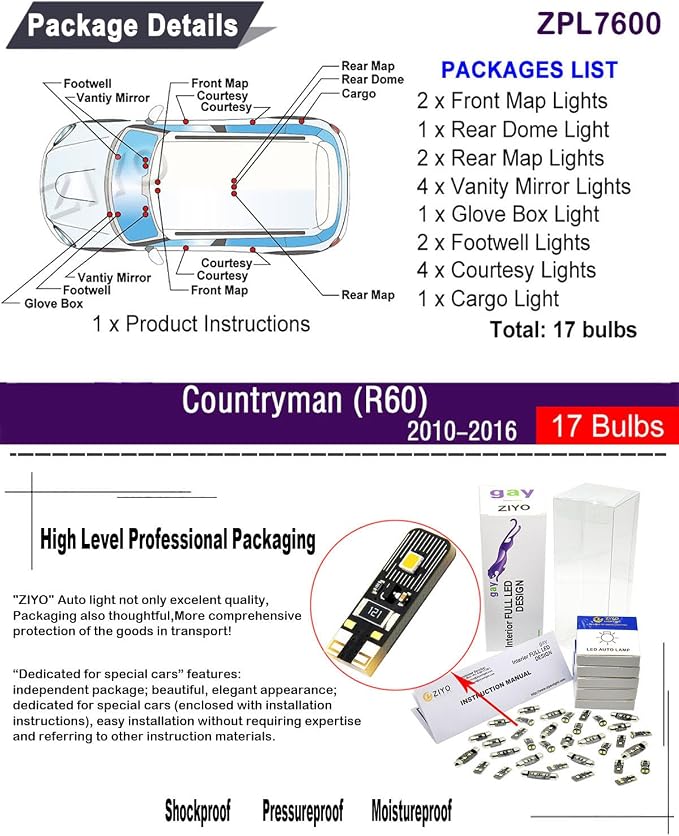 ZIYO LED Interior Light Kit for Mini Countryman R60 2010-2016 Dome Light Bulbs Replacement Package, Xenon 6000K White LED Lights Accessories Upgrade Error Free (17 Bulbs)