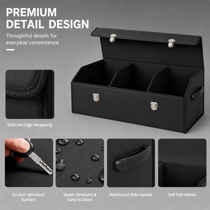 Car Trunk Organizer with Lid, Foldable Faux Leather Storage Box | Foldable design, faux leather exterior, 3 compartments