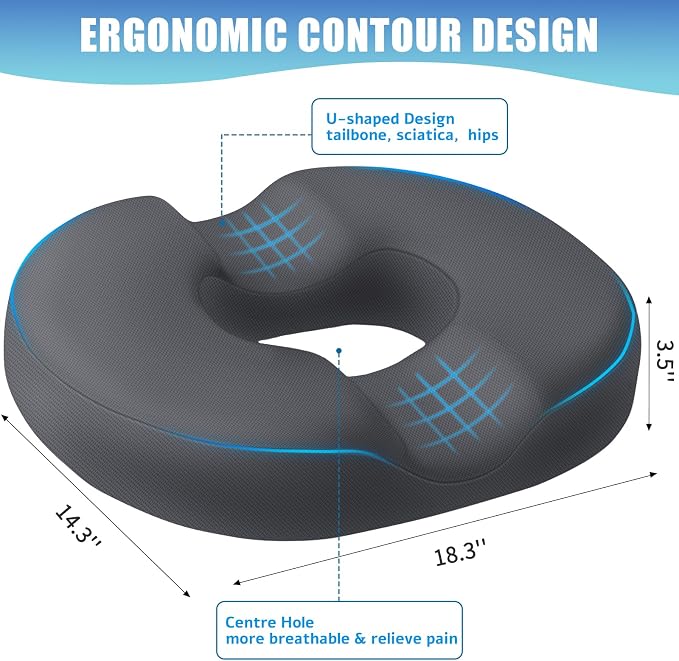 BlissTrends Donut Pillow Seat Cushion, Donut Chair Cushions for Postpartum Pregnancy & Hemorrhoids, Tailbone Pain Relief Cushion, Memory Foam Lifting Cushions for Office & Home Chairs (Grey, X-Large)