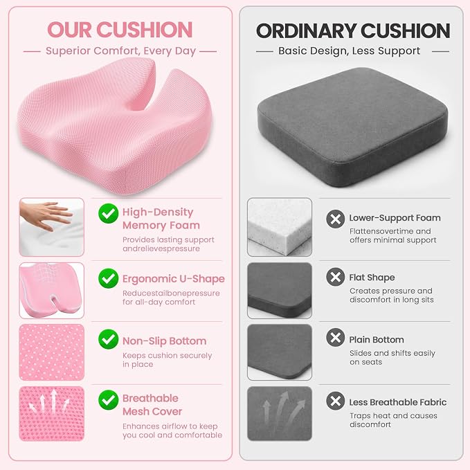 CJACSOC Seat Cushion, Extra Large Memory Foam Cushion for Office Chair Cushions, Ergonomic Cushions Pad Pillow for Pressure Relief Sciatica & Pain Relief for Long Sitting, Pink