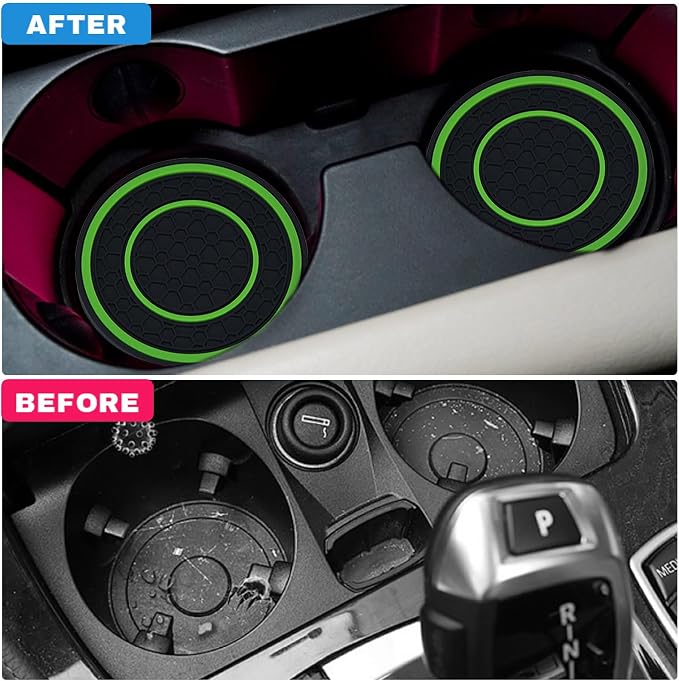 4 Pack Car Coasters for Cup Holder, 2.75 Inch Universal Auto Waterproof Coasters Silicon Insulation Cup Mats,No-Slip Anti Dust Insert Coaster for Woman Man, Suit for Vehicle Interior (Black/Green)