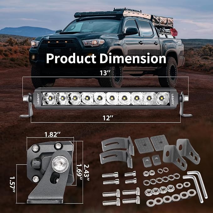 LASFIT 12 inch LED Light Bar, Screwless IP67 Waterproof Light Bar, Off Road Spot Flood Combo Work Light for Wrangler/F-150/Ranger/Explorer/4Runner