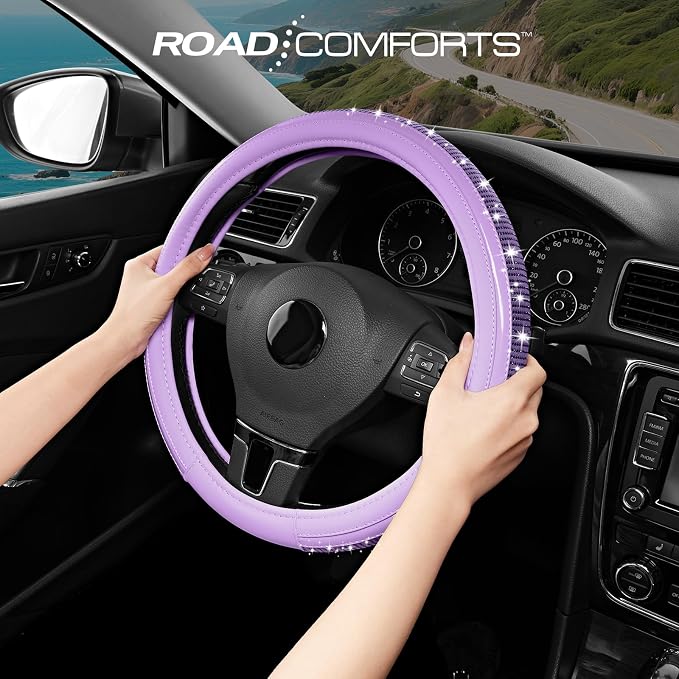Road Comforts Bling Steering Wheel Cover – Purple Diamond Design, Universal Fit 14.5-15 Inch, Microfiber Leather, Anti-Slip & Breathable Design for Men and Women