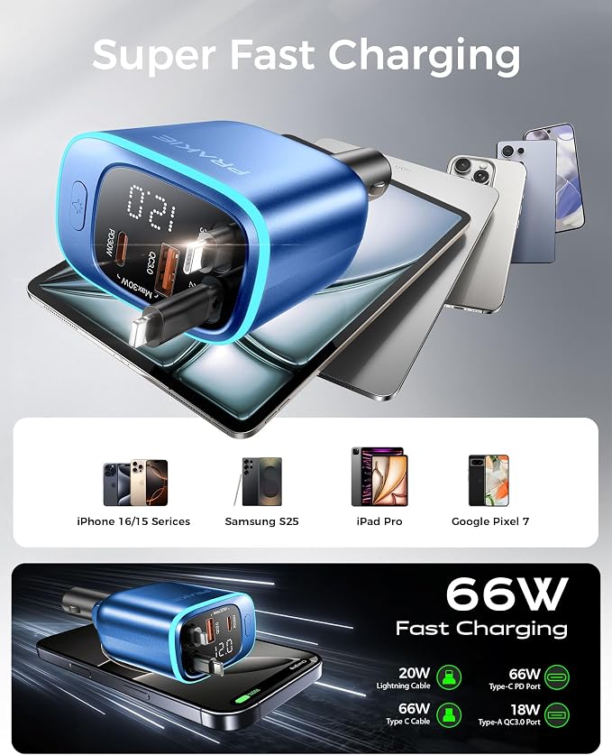 Car Charger, iPhone Fast USB C Phone Car Charger, Cigarette Lighter Adapter | with 2 Cables 25 Inch and 2 USB Ports, Retractable 4 in 1Multi Port USB Car Charging for iPhone 17/16/15/14/13/Pro Max-Blue