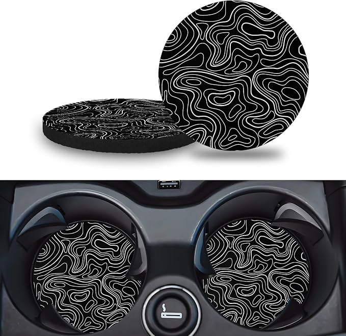 Car Cup Holder Coasters, 2 Pack – 2.75" Universal Auto Anti-Slip Insert Coaster, Rubber Car Coasters, Personalized Car Accessories for Women & Men (Topography)
