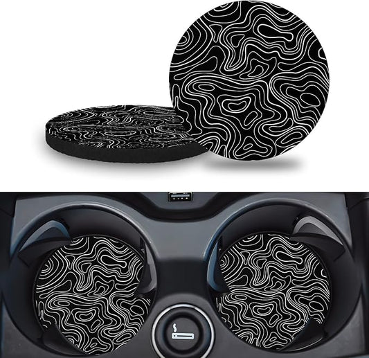 Car Cup Holder Coasters, 2 Pack – 2.75" Universal Auto Anti-Slip Insert Coaster, Rubber Car Coasters, Personalized Car Accessories for Women & Men (Topography)