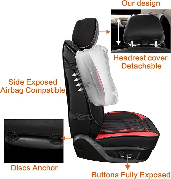 Pariitadin Leather Car Seat Covers Front Pair, Waterproof Faux Leather Seat Covers for Cars, Non-Slip Car Interior Covers Universal Fit for Most Cars Sedans Trucks SUVs, Black/Red Line