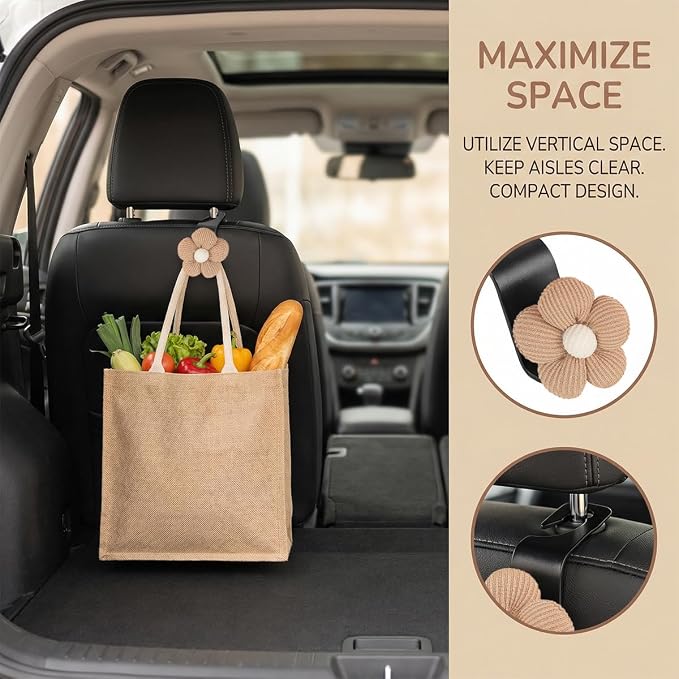 2PCS Car Seat Headrest Hook, Cute Flower Vehicle Backseat Purse Handbag Storage Hanger, Floral Auto Seat Back Holder Hook for Coat Umbrella Grocery, Universal for Vehicles (Brown)