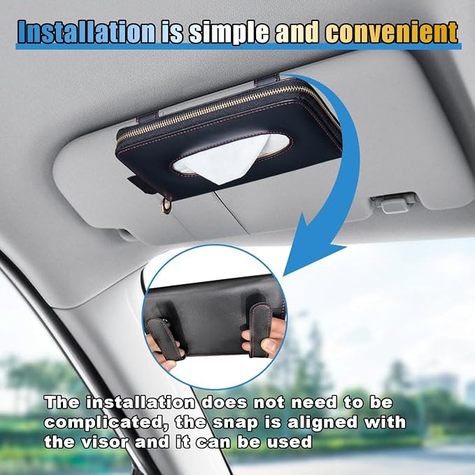 Car Tissue Holder, Sun Visor Box, Backseat Paper Carton, Leather Napkin Case, Universal Hanging Towel Clip for SUV, RV, Truck (Black)