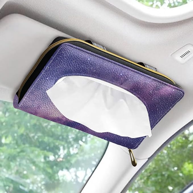 Purple Starry Night PU Leather Car Tissue Holder for Car Automotive Sun Visor Tissue Box Holder Car Accessories for Women & Men