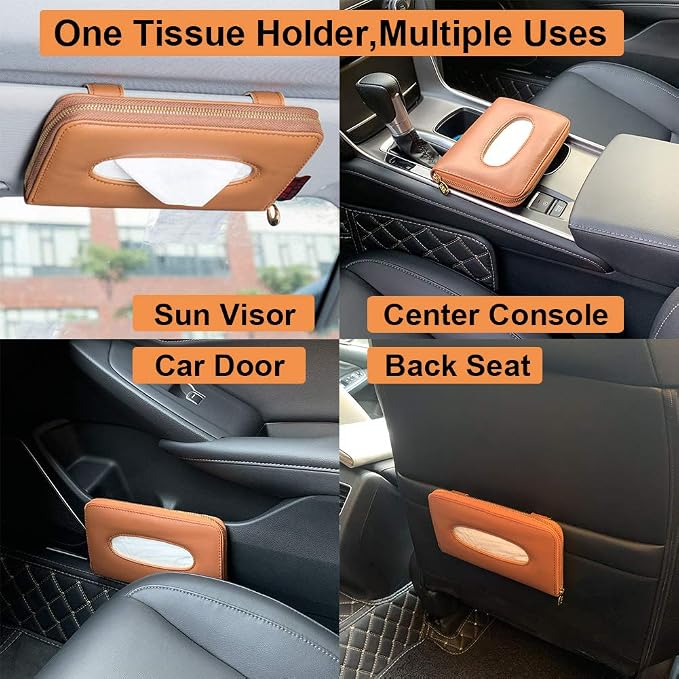 Sun Visor Tissue Holder, PU Leather Backseat Napkin Case for Car Vehicle with Zipper (Brown)