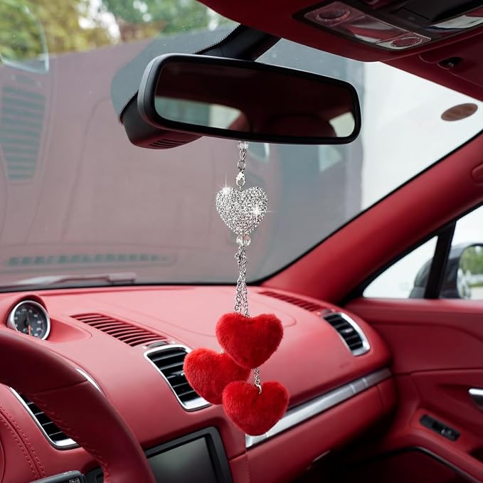Frienda Red Car Rear View Mirror Accessories for Women Bling Heart Shaped Rhinestone Hanging Charm Sparkly Rear Mirror Ornament Pendant Gift for Girlfriend Wife Female Drivers Car Interior Decoration
