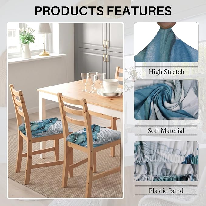 SearchI Water Repellent Seat Covers for Dining Chairs, 6 Pack Jacquard Stretch Dining Room Chair Seat Covers, Kitchen Chair Seat Covers Protectors(Blue Foliage)