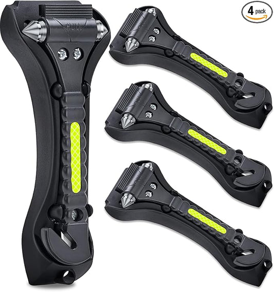 Car Safety Hammer 4 Pack, Car Window Glass Breaker and Seat Belt Cutter Auto Emergency Escape Tool with Light Reflective Tape for Family Rescue, Life Saving Survival Kit