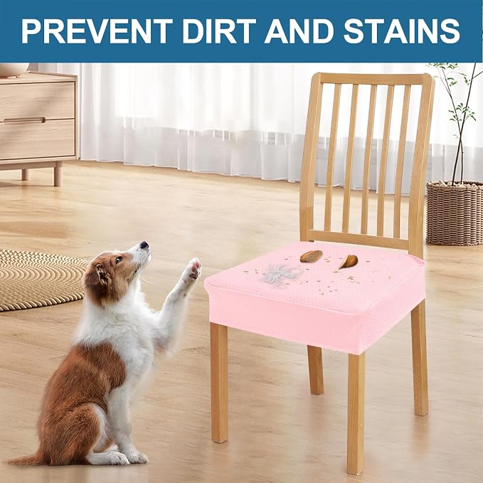 Smiry Waterproof Seat Covers for Dining Room Chairs Set of 6, Stretch Jacquard Removable Washable Chair Seat Slipcovers Protector, No Rear Covers, Blush Pink