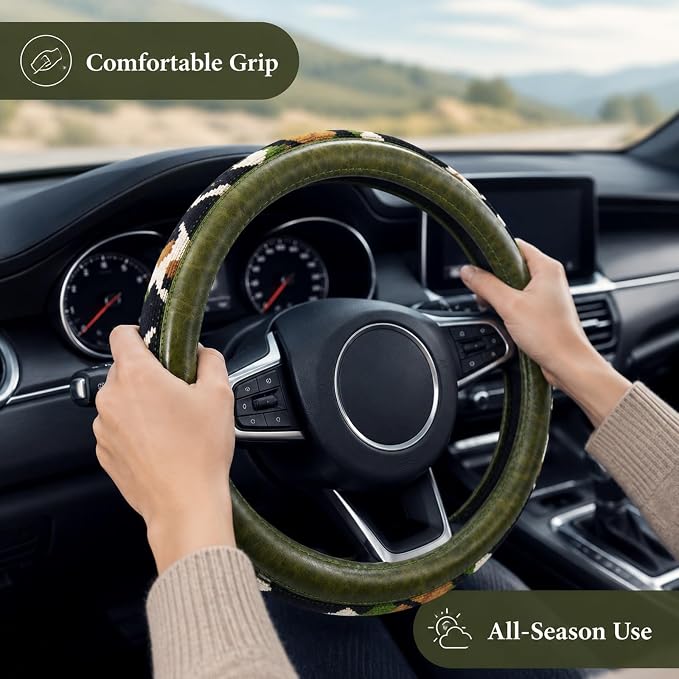 Universal 15inch Ethnic Style Baja Blanket Steering Wheel Cover with Coarse Flax Cloth and Sweat Absorption Anti Slip Car Wrap (Boho Green Leather 2)
