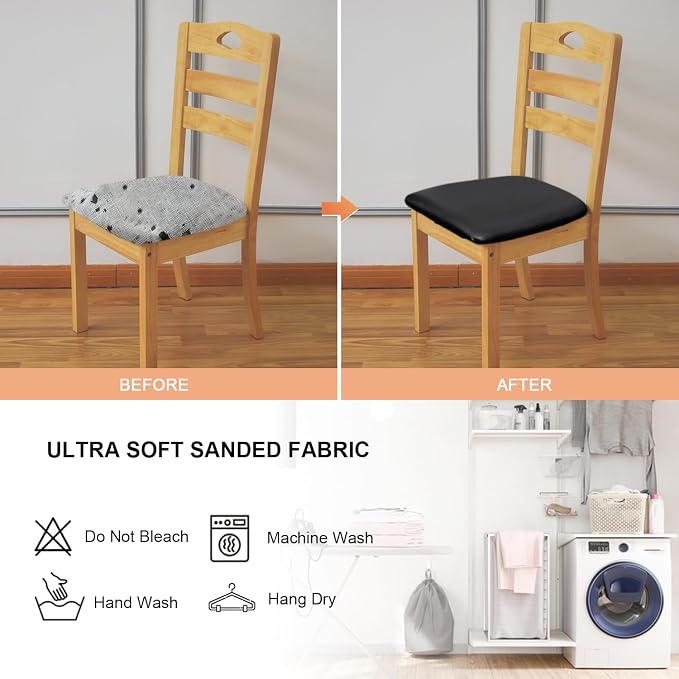 Leather Stretch Chair Seat Covers with Elastic Ties,Waterproof Dining Room PU Leather Chair Cover Seats,Removable Washable Chair Protector Seat Cushion Slipcovers for Home,Kitchen (Black, 2 PCS)