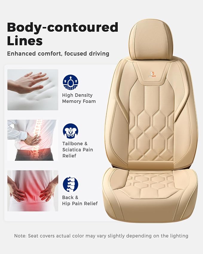 Huidasource Front Seat Covers, Universal Fit for Most Cars SUV Trucks, Full Coverage Leather Seat Cover, Airbag Compatble, Seat Function Retain, Storage Pocket Design, Easy to Install, Beige