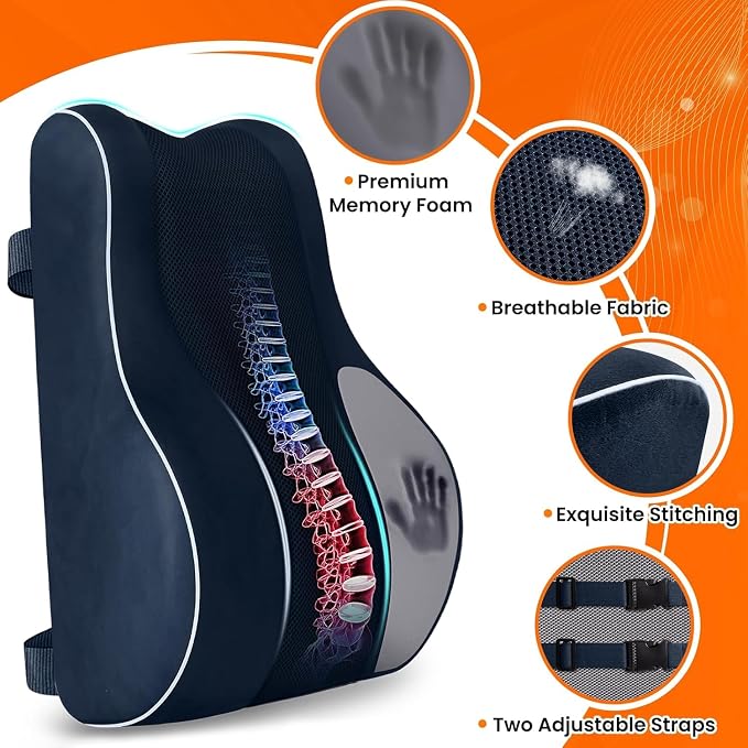 CloudBliss Ergonomic Lumbar Support Pillow Seat Cuhsion - Memory Foam for Lower Back Pain Relief, Adjustable Straps & Mesh Cover for Office, Gaming, Car Seat (Medium, Blue)
