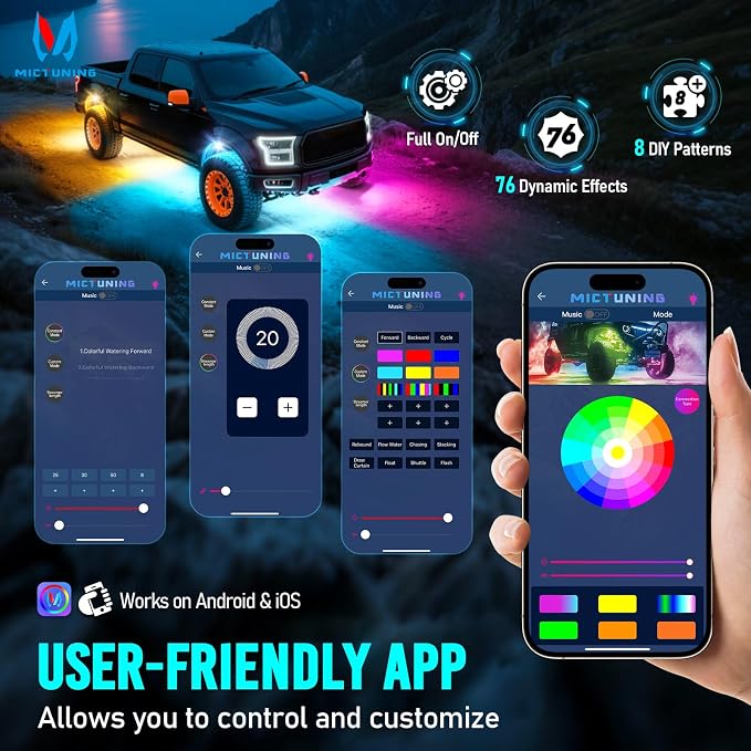 MICTUNING Q1+ MAX 20 Pods Ultra-Bright RGB Rock Lights, Multi-Color Chasing Underglow Lighting, Extensible to 24 Pods, APP Music Sync & DIY Effects, IP68 Waterproof
