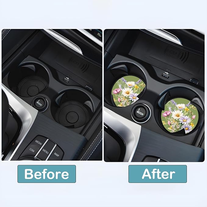 Car Cup Holder Coasters, 2 Pack – 2.75" Universal Auto Anti-Slip Insert Coaster, Rubber Car Coasters, Personalized Car Accessories for Women (Sage Green Watercolor Flowers)