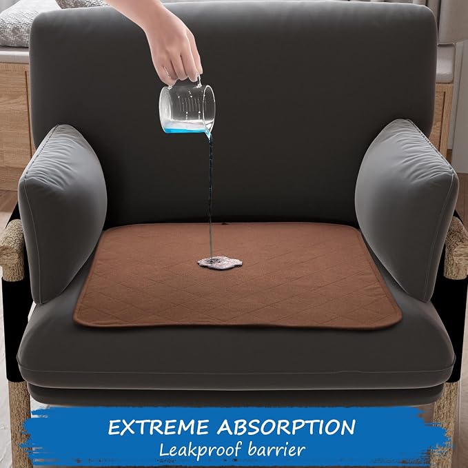 Waterproof Chair Pads for Adult Incontinence - Washable 4 Pack - 22" x 21" - Reusable Seat Pads for Men, Women - Brown