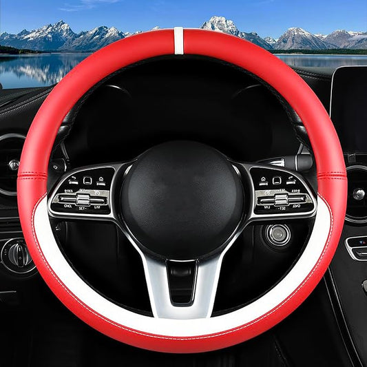 Car Leather Steering Wheel Cover - Panapi Material, Universal 14.5-15 Inch Leather Anti-Slip Breathable Auto Steering Wheel Covers for Men Women (Nappa Leather - Red & White)