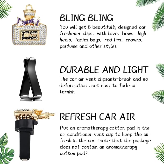 Frienda 8 Pcs Bling Car Air Vent Clips, Sparkling Rhinestone Car Accessories for Women, Crystal Cars Interior Decoration, Gift for Cars Lovers, Easy to Install, Universal Fit