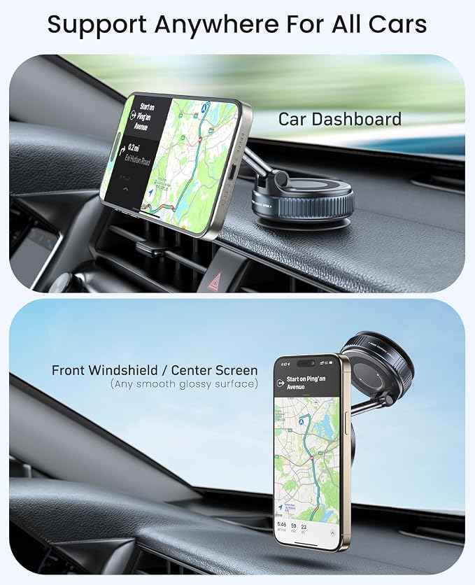 Jononser Magnetic Car Phone Holder for MagSafe, Nano-Gel Suction Cup Car Phone Mount for Car Dashboard & Windshield, Pocket-Size Foldable 360° Adjustable Car Mount for iPhone 17 16 15 14 13 12 Series