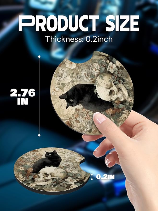WOCOCN Car Coasters,Cup Holder Coasters for Car,2.75inch Anti Slip and Absorbent,Cute Automotive Interior Accessories for Cup Holder,Pack of 2 (Cat and Skull)