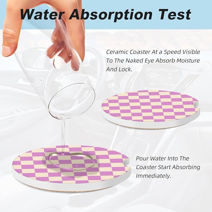 Purple Checkered Car Coasters for Cup Holders,2 Pack Car Cup Holder Coasters for Car,Ceramic Absorbent Car Coaster with A Finger Notch and Cork Base,Car Interior Accessories for Women Men