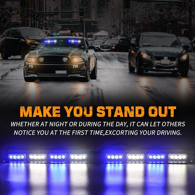 XRIDONSEN 2x 14 inch Blue White Emergency Dash Lights 32 LED Strobe Lights | Interior Safety Flashing Warning Hazard Caution Front/Rear Windshield Light Bar w/ Controller for Vehicles Trucks Car