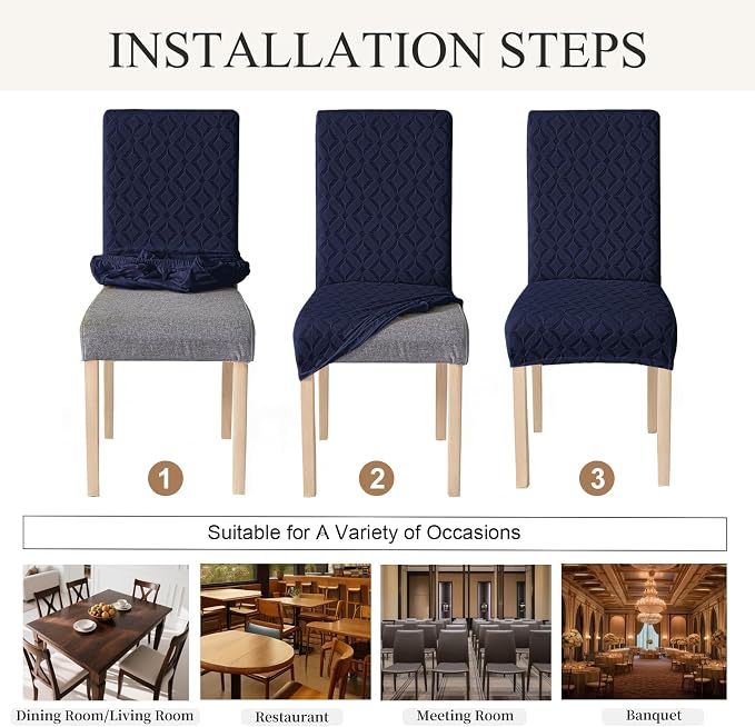 Genina Waterproof Chair Covers for Dining Room Set of 6, Removable Washable Chair Slipcover Protectors, Navy Blue