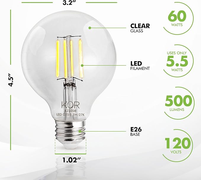 KOR 4 Pack 5.5W (60W Equivalent) Clear G25 Globe Led Light Bulbs 2700K Warm White Dimmable Filament G25 Vintage LED E26 Base Dimmable Globe for Bathroom Vanity Bedroom Pendant