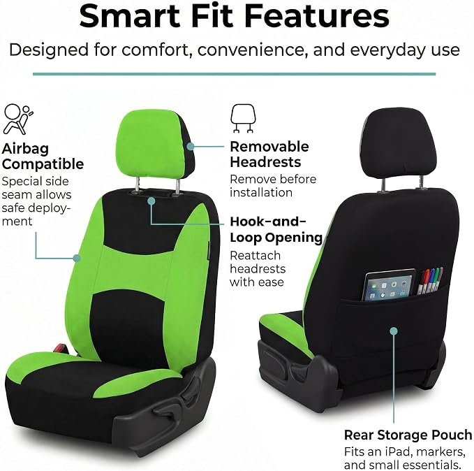 FH Group Universal Car Seat Covers Front Set for SUV Truck Sedan Vans | Waterproof All-Purpose Cloth Seat Cover Set Airbag Compatible Washable Split Bench Protector Interior Upgrade - Green