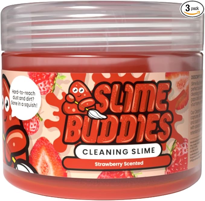 Slime Buddies Car Cleaning Gel Putty - 3 Pack Strawberry Scent Interior Detailing Tool for Cup Holder, Air Vent & Keyboard - Reusable Auto Detailing Accessory - Dust Remover Goop - Gift for Men Women