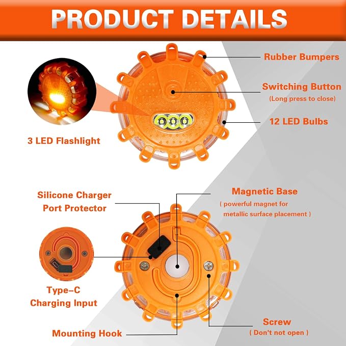 Rechargeable LED Emergency Road Flares Beacon Disc, 650mAh Lithium Battery Car Warning Safety Light with Magnetic Base, 9 Flash Modes IP67 Waterproof Type-C Charging for Vehicle Roadside Breakdown