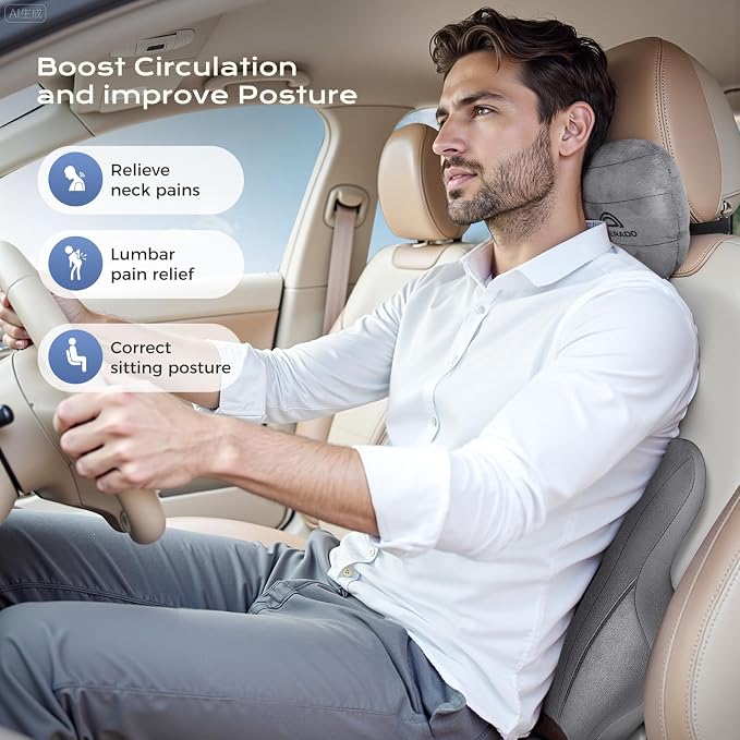 Coverado Car Lumbar Support Pillow and Car Neck Pillow Kit, Ergonomic Design Car Headrest Pillow for Driving, Relax Back Head Muscles Relieve Driving Fatigue, Breathable & Removable Cover