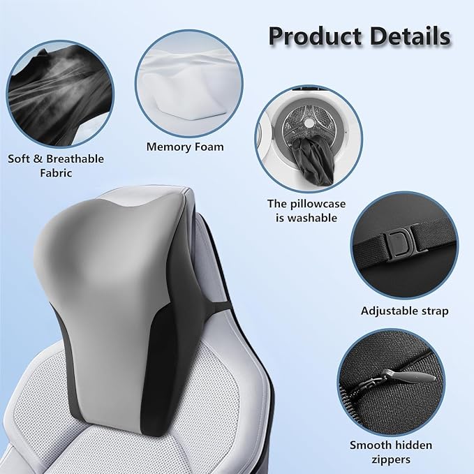 BABUR Car Headrest Pillow, Ergonomic Neck Support for Driving Seat 1 Pcs | Gray,100% Memory Foam,Universal Fit,Softness,Adjustable Strap,Breathable Removable Cover,Car Rest Pillow for Pain Relief