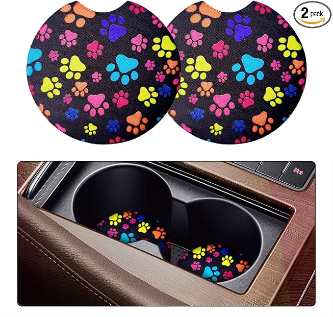 Osilly Car Coasters for Drinks, 2PCS Absorbent Cats Footprints Cup Holders for Women/Men, 2.75 Inch Removable Cup Holder Insert Coaster for Drinks, Car Interior Accessories for Most Cars